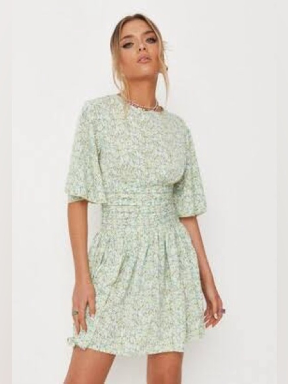 Missguided Green Pleated Floral Print Crepe Mini Dress Size 6